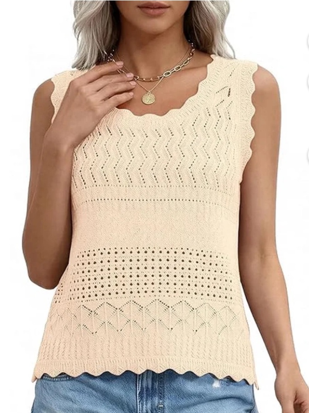 Cream Crochet Knit Sleeveless Tank Top